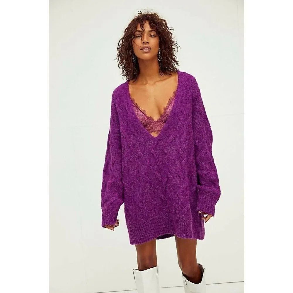 NEW FREE PEOPLE Sz XS JUNE CABLE V NECK SWEATER LONGLINE SLOUCHY KNIT TUNIC